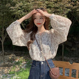 Print Women Shirt V-neck Chiffon Blouse Long Sleeve Women Tops Autumn Blusa Chic Cardigan Loose Chemisier Femme