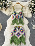 Fashion Tassel Knitted Beach Two Pieces Suits Retro Loose Top+Short Sexy Skirt Sets Women Hollow Out Vintage