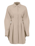 Spring Summer Bodycon Dress Women Khaki Long Sleeve Pleated Shirt Dress Office Ladies Solid Lapel Casual Mini