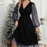 Zingj New V-Collar Elegant Slim Solid Color Stitching Mesh Perspective Sprinkling Powder Dress Female-Outfit