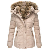 Warm Wool Collar Cotton Clothes Women Zipper Long Sleeve Hooded Cotton Coat