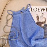 Ice Silk Knitted Sling Vest Women's Summer French Sweet Spicy Wind Hollow Hanging Neck Short Sleeveless Cut Shoulder