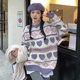 and fresh love embroidery pattern pullover purple sweater American college style lazy aesthetic women winter sweaters