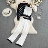 Knitted Tracksuit Women Spring Autumn Fashion 3 Piece Set Female Long Sleeve Cardigan + Sexy Vest + Wide Legged Pants
