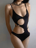 O Ring Cutout Black Cami Bodysuit- Outfit