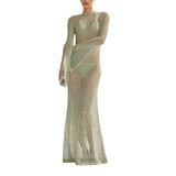 Women's Summer Long Knit See-through Beachwear Solid Color Flare Long Sleeve O Neck Hollow Backless Cover Up