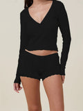 Women Pajama Sets 2pcs Loungewear Suits Solid Long Sleeve V-Neck T-shirts Crop Tops and Lace Shorts Sleepwear
