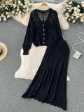 Fashion Knitted Two Pieces Suits V Neck Hollow Out Cardigan Top+Elastic Waist Bodycon Skirt Women Streetwear