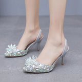 Cm Silver Light-Mouthed Pointed Sandals Water Drill Glass Fine Heel Sandals Large Wedding Shoes Bride Wedding Women's