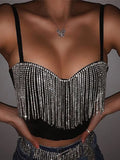 Black Strap Crop Top With Rhinestone Fringe-Outfit