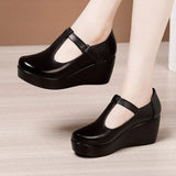 Plus Size 32-43 T Strap Leather Wedges Shoes for Women 2021 High Heels Shoes Ladies Platform Shoes Mother Dance