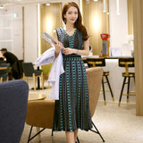 Summer Fashion Plaid Knitted Dress Women's Sexy Sleeveless V-Neck Vest A-Line Dress Office Lady Elegant Long