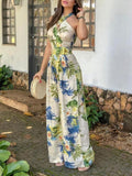 Women Fashion Summer V-Neck Sleeveless Crisscross Halter Tropical Print Jumpsuits Wide Leg Pants Tracksuit