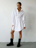 Spring Summer Bodycon Dress Women Khaki Long Sleeve Pleated Shirt Dress Office Ladies Solid Lapel Casual Mini