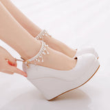 Cm White Round Head Water Table Slope Single Shoes Women Pearl Beads Supo Heel Shoes Large-Size High Heel Single Shoes