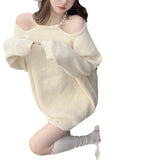 Zingj / Winter 2024 New Pure Desire Pearl Off-The-Shoulder Sweater Sweater Top Broken Hole Design Sense Long Sleeve Top Female-Outfit
