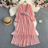 Zingj And Summer New Light Mature Temperament French Socialite Long Sleeve Waist Show Thin Dress Female Waist Pleated V Neck