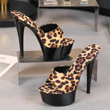 Leopard Print Woman Slippers Sandals Platform 2022 Nightclub Sexy High-heeled 15cm Shoes Slippers Heels Waterproof Thick