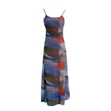 Sexy Tie-Dye Print Dress Waist Folded Folded Black Back Mesh Slings Long Skirt