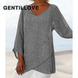 Elegant Striped Cross Criss Blouse Casual Long Sleeve V Neck Linen Baggy Shirt Vintage Linen Tunic Tops
