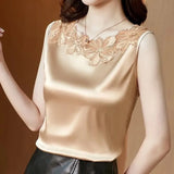 Chiffon Tops Shirt Women Summer Loose Vest Satin Sleeveless Lace V-neck Top Office Lady Blouse M-4XL blusones de