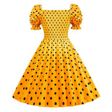 Polka Dot Party Dress Elegant Women Summer Puff Short Sleeve Square Collar Elastic Waist Vintage Midi Sundress Casual