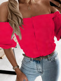 Women Simple Solid Buttoned Blouses Office Ladies Short Sleeve New Casual Fashion Tops Sexy Slash Neck Off Shoulder