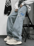Men's Distressed Star Embroidered Loose Jeans- Outfit