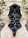 PU Leather Slim Playsuits Ladies Stand Collar Sleeveless Lace Up Zipper Open Crotch Fashion Cosplay Sexy