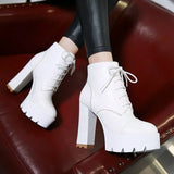 Women Platform Boots Fashion Thick High Heel Ankle Boots Pu Leather Lace Up Autumn Winter Woman Shoes 2018 White Black