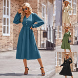 Autumn And Winter New Women's V Collar Waist Solid Color Long