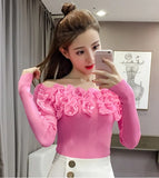 Women Knitting Full Sleeve Patchwork Sweaters Pullovers Girls Slim Floral Knitted Knitwear Tops