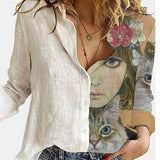 2021 Women Botton Vintage Polo-Neck Office Lady Spring Summer Loose Casual Cartoon Printing T-Shirt Long