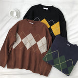 Knitted Sweater Women Oversized Argyle Sweaters Fashion Clothes Famale Long Sleeve Korean Crop Top Women Ropa De