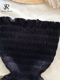 Ruffles Senior Slim Party Dress Strapless Off Shoulder Sleeveless Golden Chain Women Vintage Velvet Short Sexy