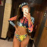 Sexy Long Sleeve Bikinis Women Swimsuit Green Leaves Print Bathing Suits Beachwear Brazilian Bikini Set Biquini
