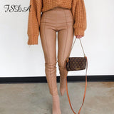 2021 Fashion PU Leather Pants Khaki Women Casual Zip Up Pencil Trouser Sexy Autumn Winter Ladies High Waist Pant