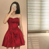 Hot Girl Red Strapless Printed Dress for Women's Summer Slim Fit Sexy Floral A-line Short Dress Fashion Female