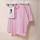 Casual Striped Tracksuits Woman Shorts Set Oversize Shirt High Waist Shorts Two Piece Set 2021 Female