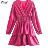 Women Fashion Cross V Neck Solid Color Elastic Waist Double Layer Ruffles Mini Dress Female Chic Casual Vestidos