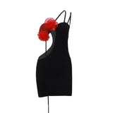 Zingj Women's Spring 2024 New Fashion Color Sexy Hollow Out Rose Flower Wrapped Hip Halter Dress- Outfit