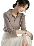 Polo Collar Long-Sleeved Knitted Shirt 2025 European Blouse French Elegant Thin Outer Wear Bottom Sweater