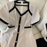 Summer Women's Sexy Elegant Casual Female Dress Short Sleeve V-Neck Contrasting Colors Back Zipper Clebrity Party