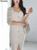 Women Elegant Fashion Party Dress Office Lady Korean Style Square Collar Bodycon Pencil Vestidos Femme