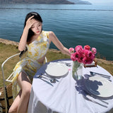 Zingj Seaside Travel Vacation Beach Skirt Female Summer Broken Flower Dew Waist Inclined Shoulder Dress Open Slit Slim Wrap Buttock Long