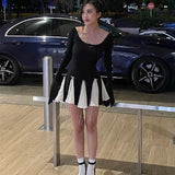 Black Long Sleeve White Frill Patchwork Bow Mini Dress-Outfit