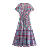 Queens Women Red Floral Print Bat Sleeve Beach Bohemian Dresses Ladies V Neck Tassel Summer Boho Dress