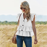 Women's 2022 Summer New Solid Color Casual Single Breasted Shirts Women's V-Neck Women's