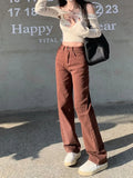 Women's Wide Leg Jeans Star Pocket Vintage Straight Pants High Waist Baggy Streetwear Casual Brown Denim Trouser Ladies
