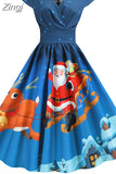 Print Vintage Christmas Dress Women Winter Big Swing Elegant Short Sleeve V Neck Sexy New Year Party